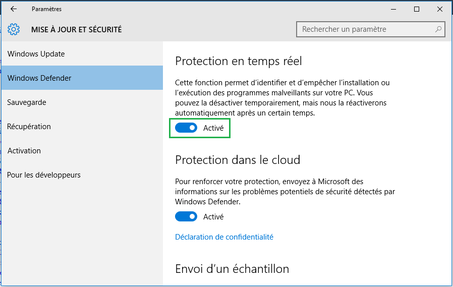 Désactivation de la protection en temps réel de Windows Defender